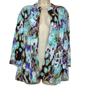 Chico’s Linen Blend Open Front Cardigan w/ Pockets Abstract Pattern Size 3 / XL